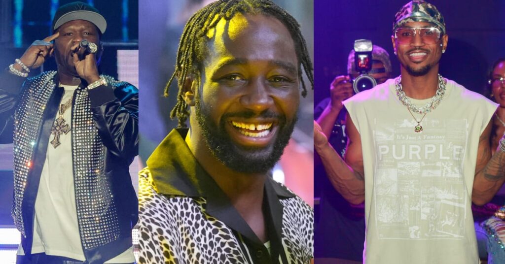 Three men are pictured: one in a studded jacket performing, another smiling in a patterned shirt, and the third in a graphic tee and bandana.