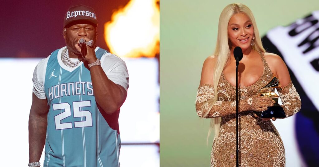 50 Cent performing in a Hornets jersey; Beyoncé holding a Grammy award in a sparkling dress.