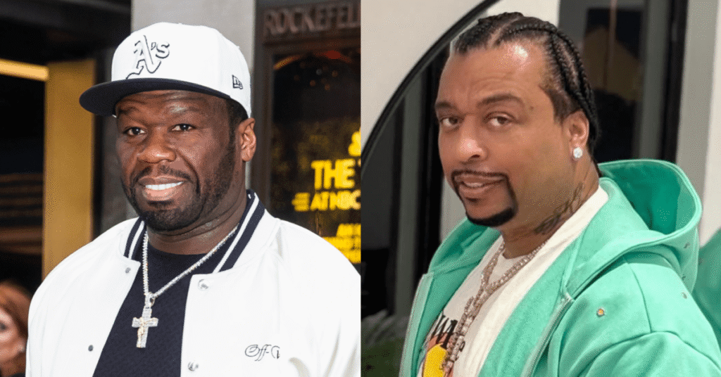 Two men in a split image. Left: 50 Cent in a white jacket and cap. Right: Man in a green hoodie with braids and a chain necklace.