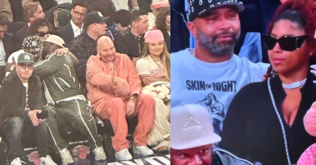 50 Cent wearing a black jacket and cap, sitting by a drink. Joe Budden in a white shirt and cap, sitting with arms crossed.