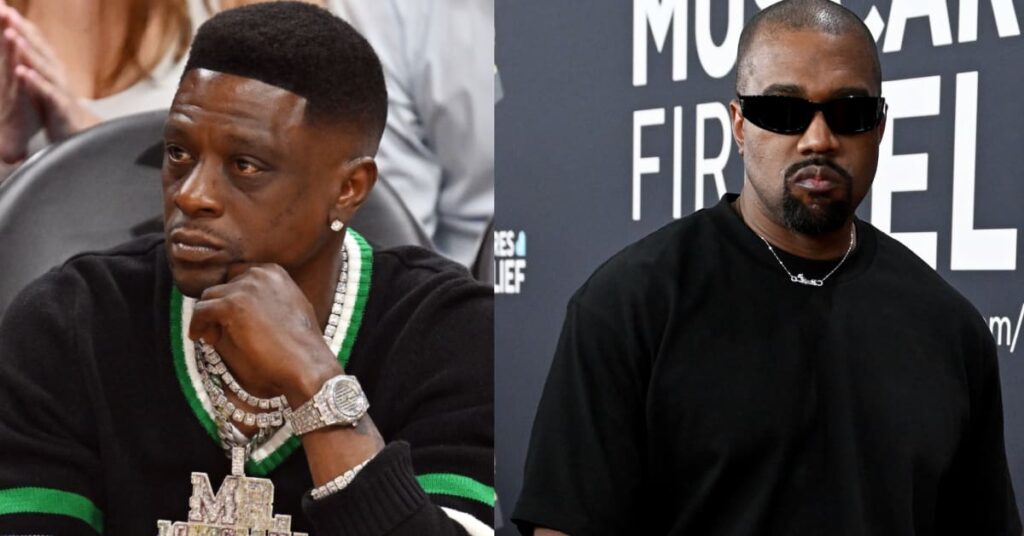 Boosie Badazz wearing a black and green sweater with jewelry, and Kanye West in sunglasses and a black shirt at an event.