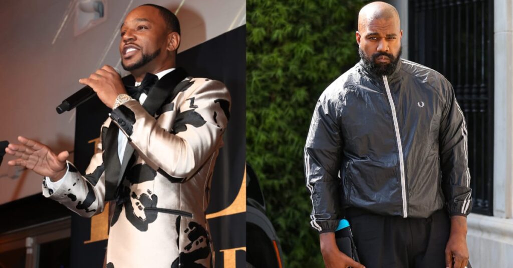 Cam'ron is wearing a patterned suit and speaking into a microphone. Kanye West is in a dark jacket, standing outdoors.