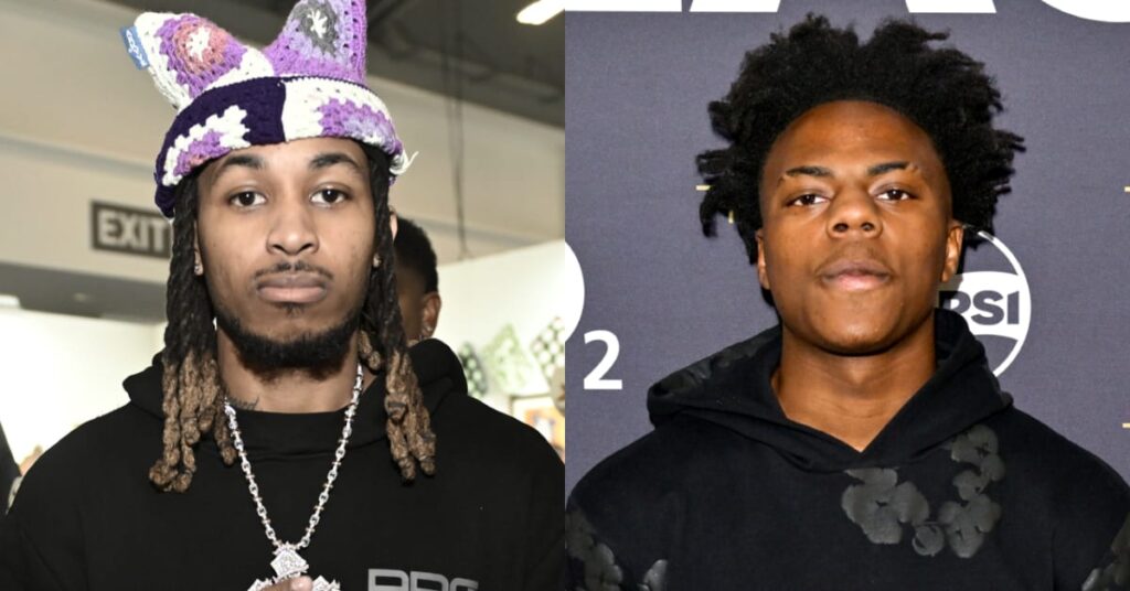 Split image. Left: DDG with a colorful hat and necklace. Right: IShowSpeed in a black hoodie against a backdrop.
