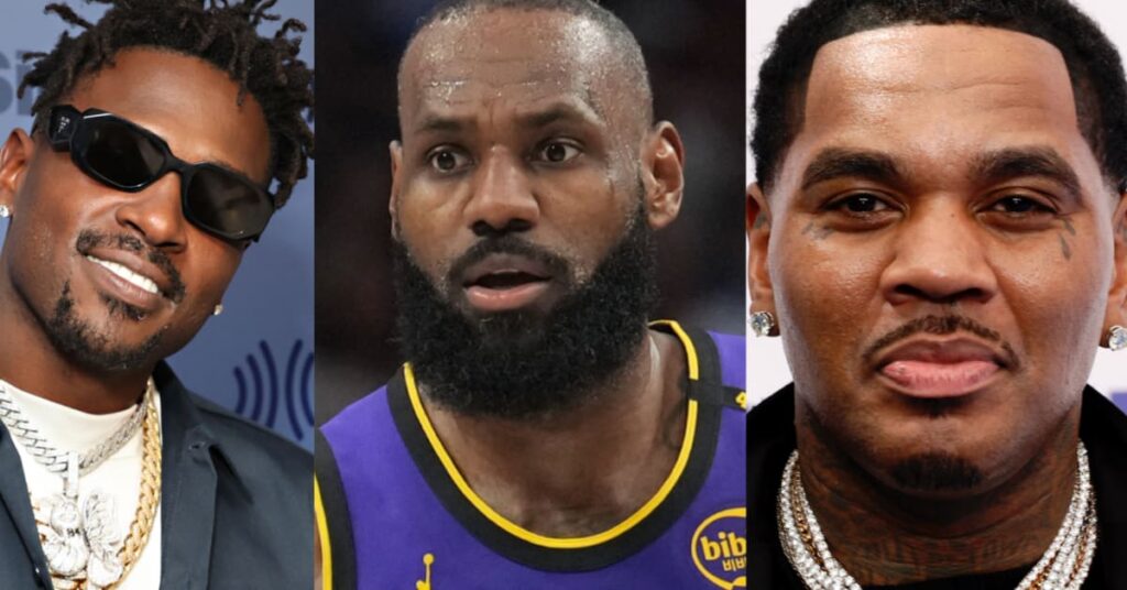 Antonio Brown, LeBron James, and Kevin Gates are pictured. Brown wears sunglasses, James in a Lakers jersey, and Gates with jewelry.
