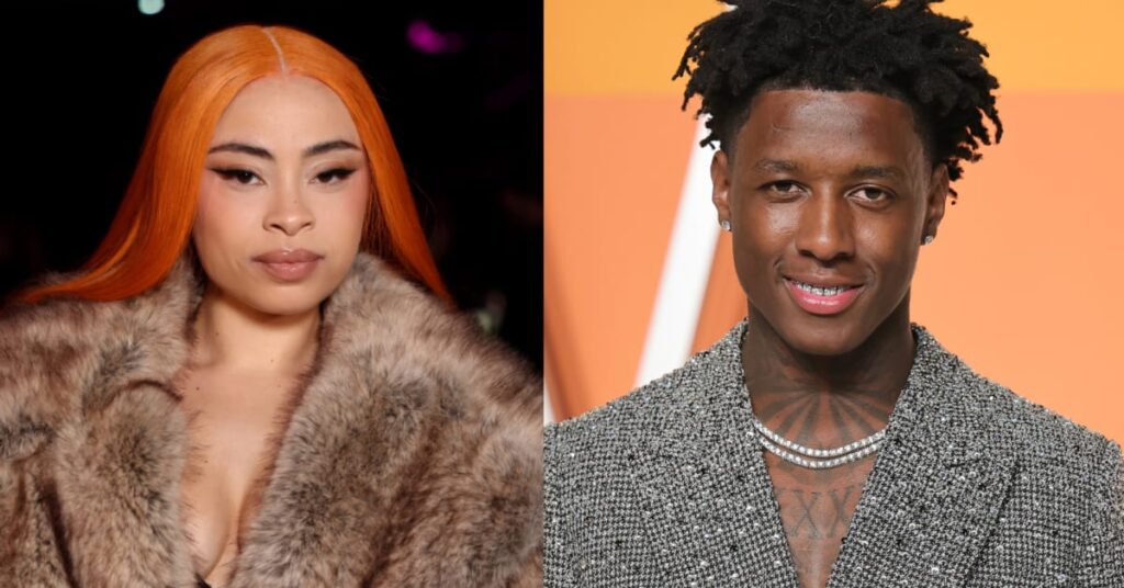 Split image of Ice Spice with orange hair in a fur coat and Sauce Gardner with short hair in a gray suit, smiling against an orange background.