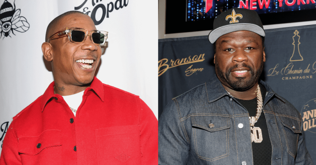 Ja Rule in a red jacket and sunglasses, smiling; 50 Cent in a denim jacket and cap, standing at an event.