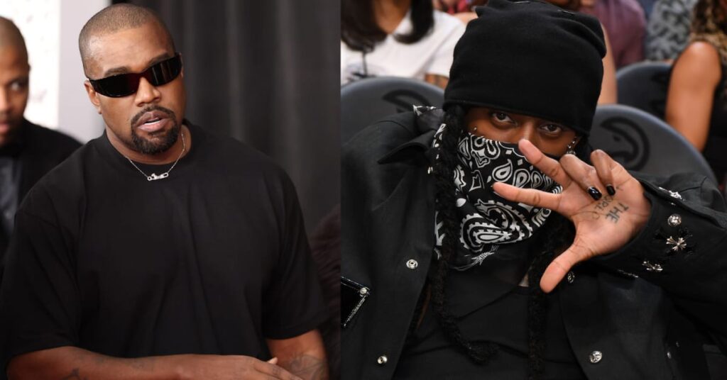 Kanye West wearing sunglasses and black shirt on the left; masked individual in black with a bandana on the right.