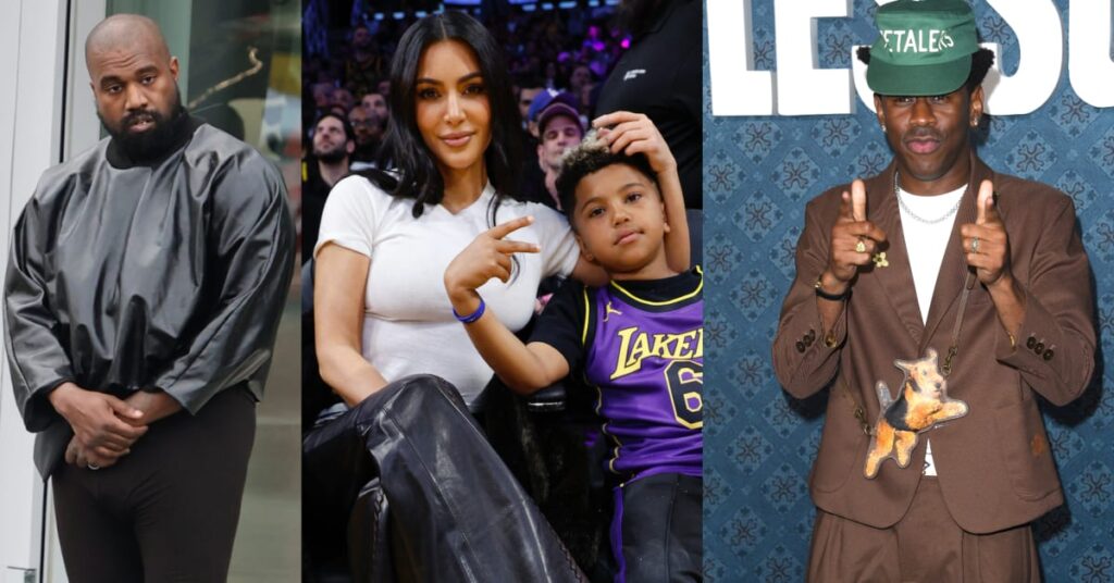Kanye West in a dark outfit, Kim Kardashian with a child in Lakers gear, and Tyler, the Creator in a brown suit with a green hat.