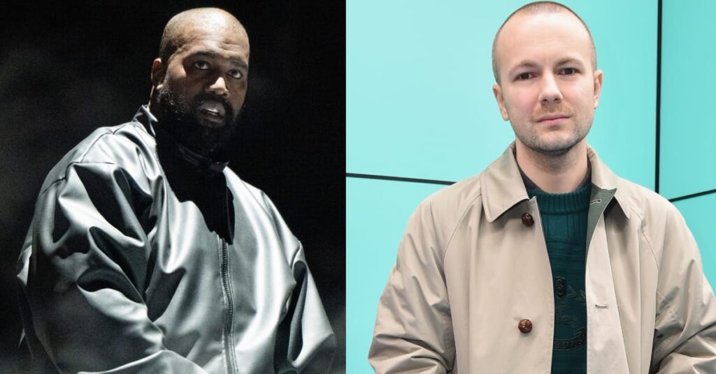 Kanye West in a shiny jacket on the left and Gosha in a beige coat on the right, against a blue background.