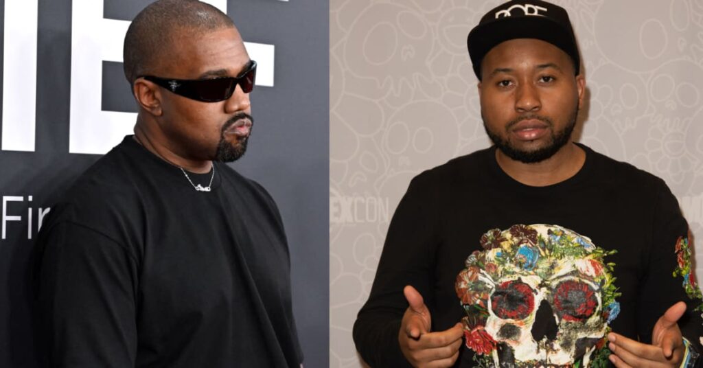 Kanye West wearing sunglasses and a black shirt, alongside DJ Akademiks in a cap and colorful skull sweater, posing with thumbs up.
