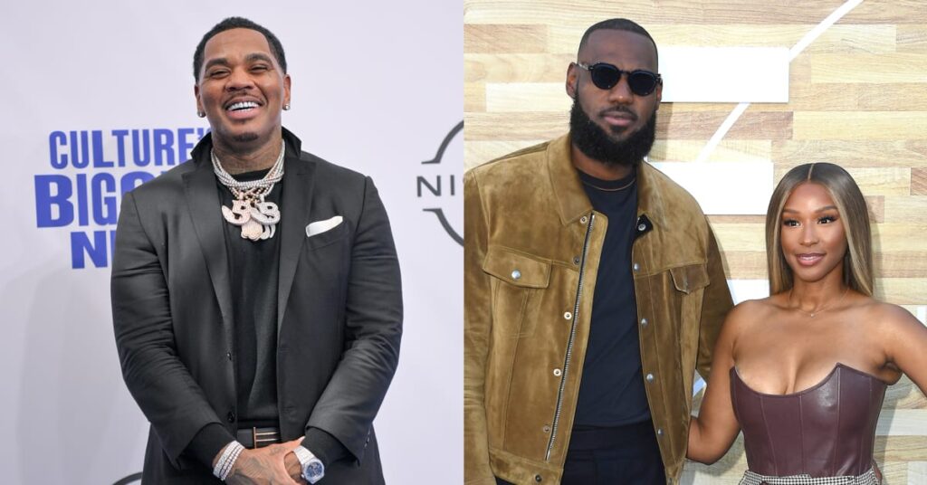 Kevin Gates smiling in a black suit; LeBron James in sunglasses and a brown jacket with Savannah James in a strapless dress.