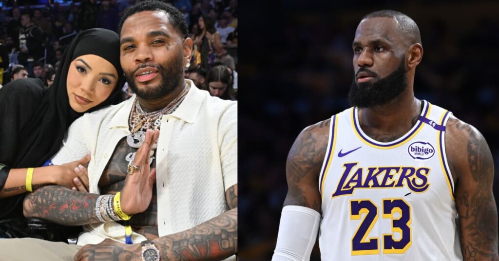 Kevin Gates with a woman in a hijab on the left; LeBron James in a Lakers jersey on the right.