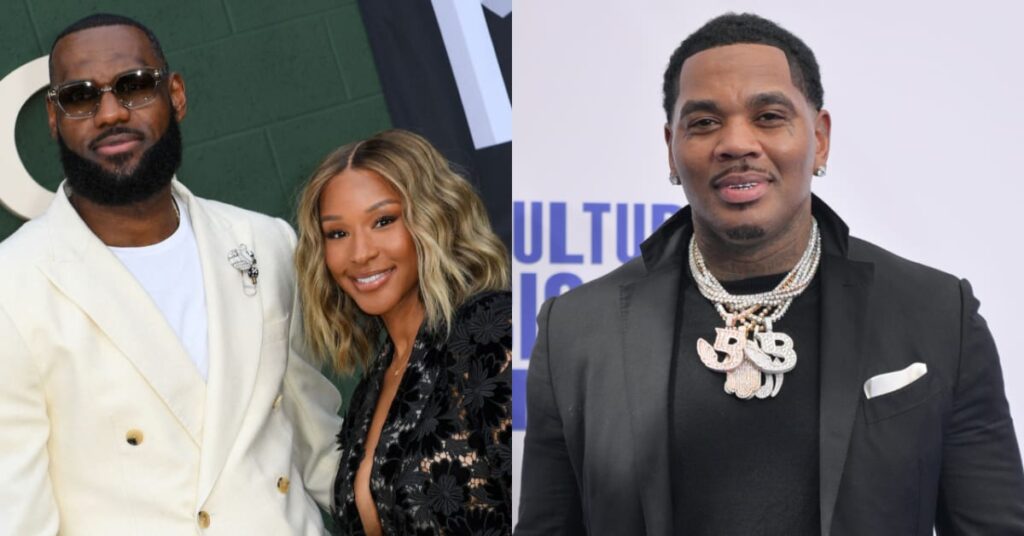 LeBron James in a white suit with his wife Savannah in black, and Kevin Gates in a black suit with chains.