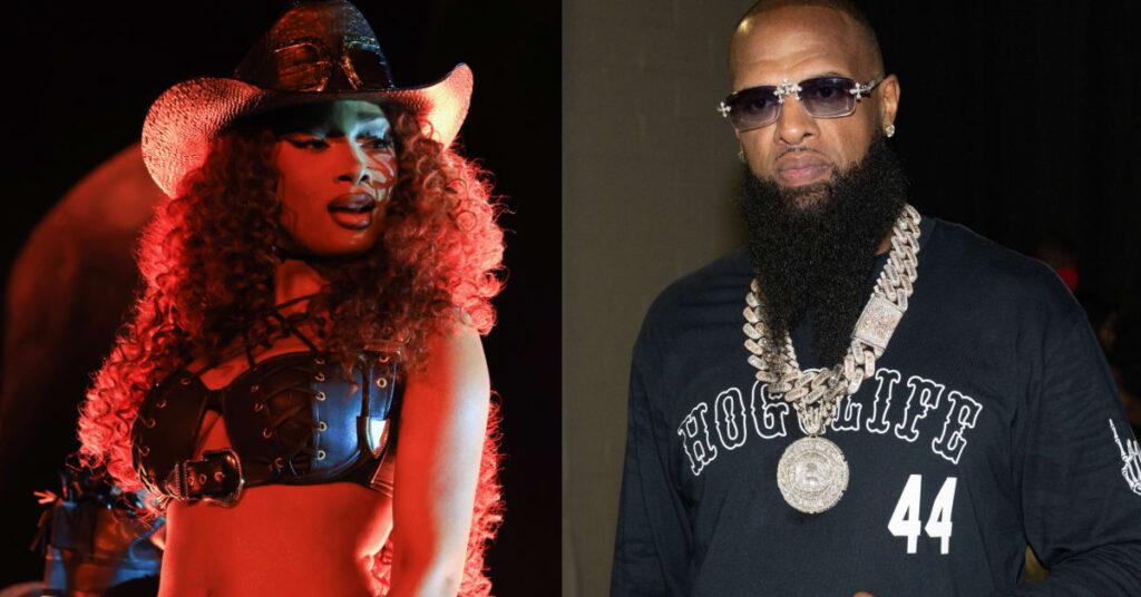 Megan Thee Stallion in a cowboy hat and leather outfit on stage; Slim Thug in a black shirt with chains, pointing.