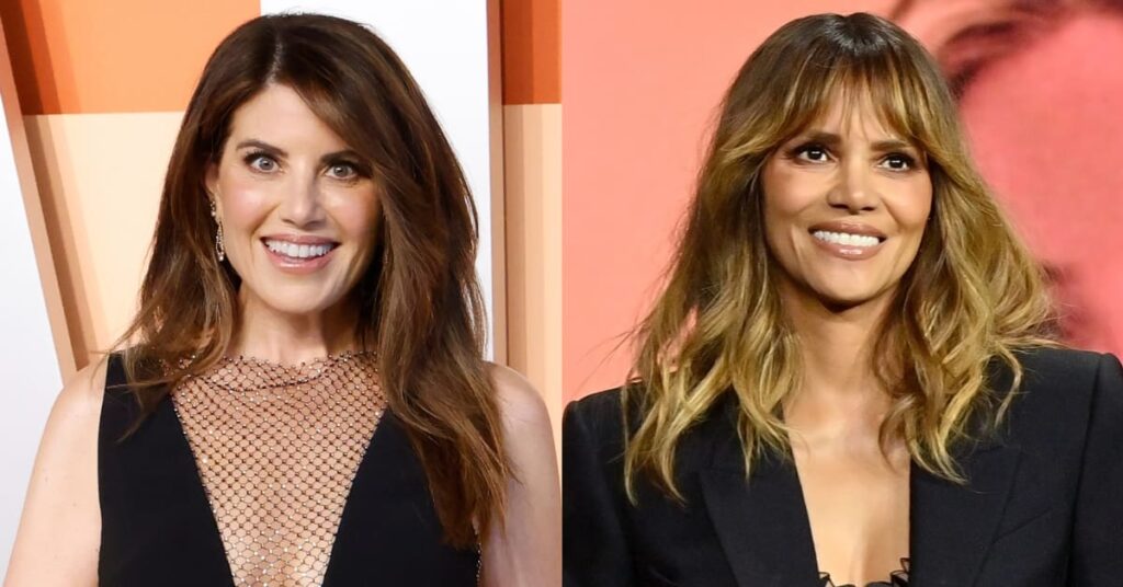 Split image. Left: Monica Lewinsky with long brown hair in a black dress. Right: Halle Berry with wavy hair and bangs in a black blazer.