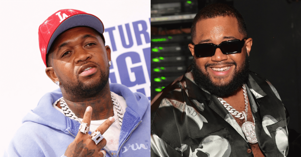 Split image of two men. Left: Man in a red cap and blue hoodie, showing peace sign. Right: Man in sunglasses and a patterned shirt, smiling.