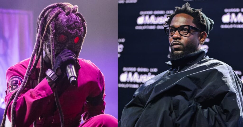 Two images side by side: Left shows Corey Taylor in a red outfit with dreadlocks, holding a microphone. Right shows Kendrick Lamar in glasses and a dark jacket.