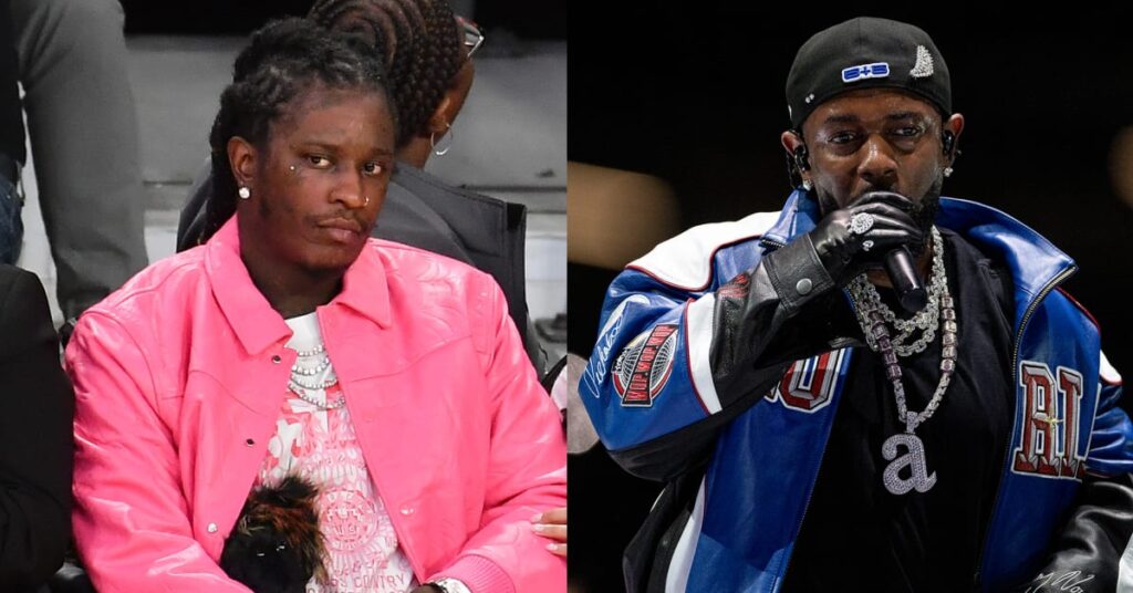 Young Thug in a pink jacket sitting, and Kendrick Lamar performing in a blue jacket and black cap.