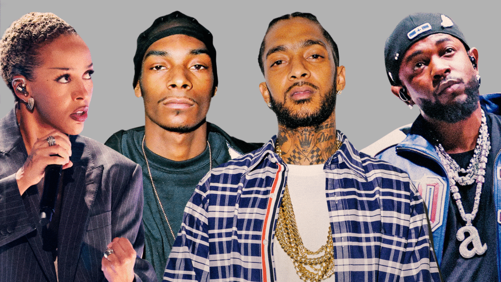 A collage featuring Doja Cat, Snoop Dogg, Nipsey Hussle, and Kendrick Lamar. Each artist is dressed stylishly, showcasing their unique fashion.