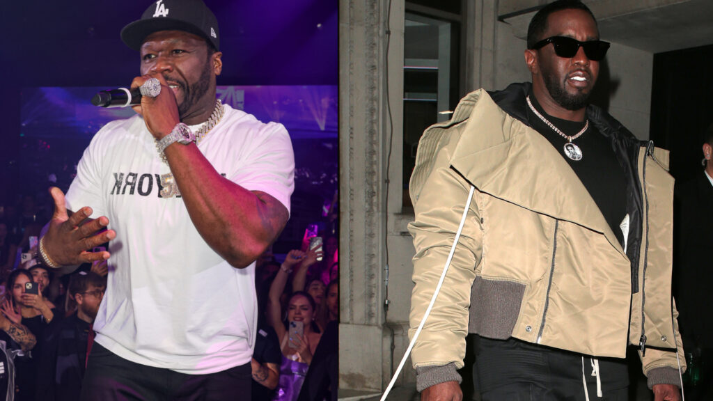 50 Cent performing in a white shirt and cap, and Diddy wearing sunglasses and a stylish jacket, both at separate events.