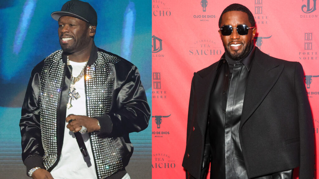 50 Cent in a studded jacket performing on stage; Diddy in a black suit and sunglasses at an event with a red backdrop.