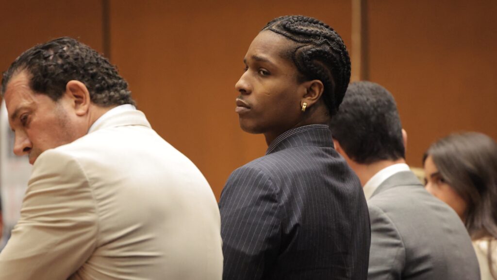 Rakim Mayers (C), aka A$AP Rocky, appears in court for the verdict in his felony assault trial at the Clara Shortridge Foltz Criminal Justice Center in Los Angeles, California, on February 18, 2025. A$AP Rocky was found not guilty of felony assault on February 18 at the conclusion of his trial. The musician, who has two children with singer Rihanna, had faced more than two decades in prison if he had been found guilty of the alleged attack on a former friend in Hollywood in 2021.