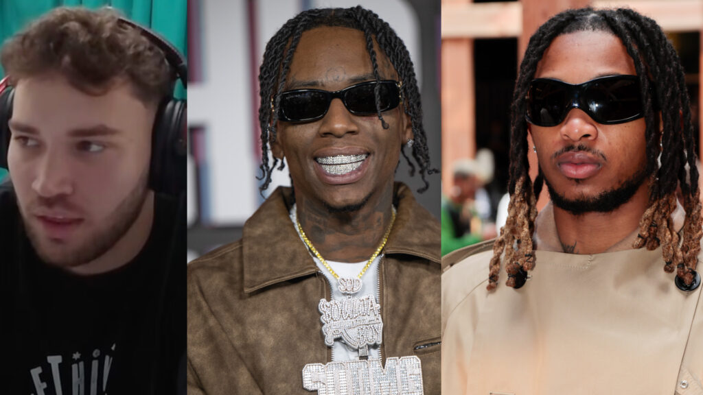A collage of three men. The center person is Soulja Boy, wearing sunglasses and a large chain. The others wear headphones and sunglasses.