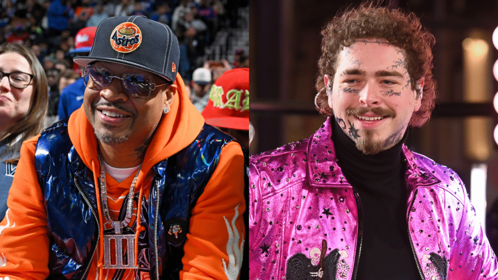 Allen Iverson in a blue jacket and orange hoodie, wearing sunglasses and a cap. Post Malone in a pink jacket with face tattoos, smiling.