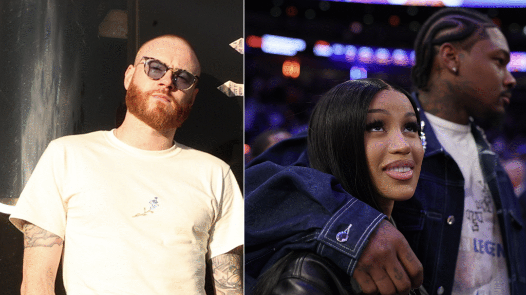 Rory with a beard and sunglasses on the left. On the right, Cardi B with long hair and Stefon Diggs with braids a Knicks game.