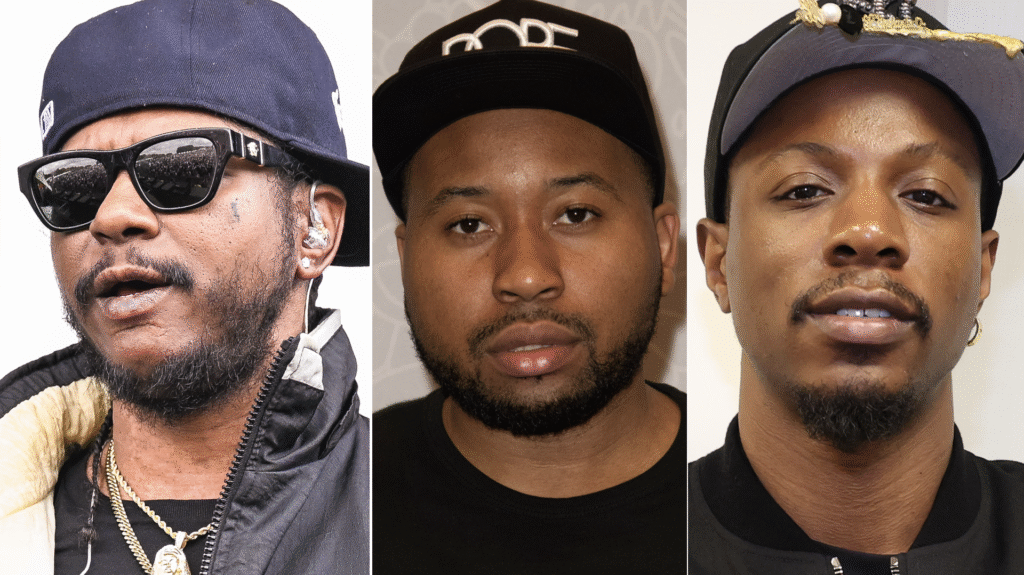DJ Akademiks Blasts Ab-Soul for Saying He’ll Slap Him: ‘S… Three men in a split image. Left: Ab-Soul with sunglasses and cap. Center: DJ Akademiks with beard and cap. Right: Joey Badass with cap and earring.