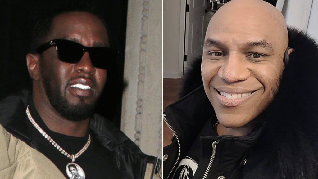 Sean "Diddy" Combs wearing sunglasses and a beige coat, accessorized with a necklace, walking outside at night.