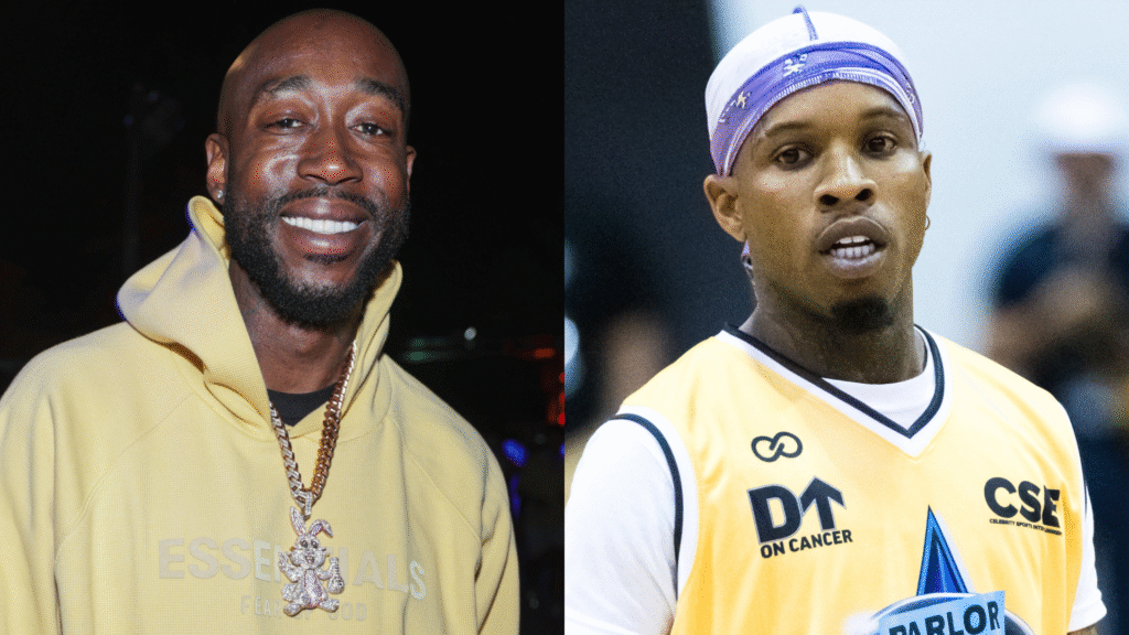 Two images side by side: Left, Freddie Gibbs in a yellow hoodie, smiling. Right, Tory Lanez in a basketball jersey and purple headband.