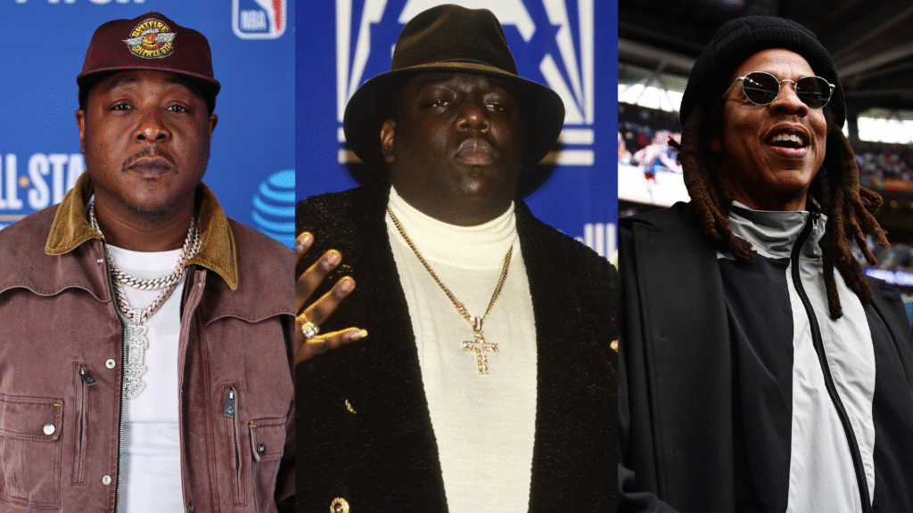 Jadakiss in a brown jacket, The Notorious B.I.G. in a white turtleneck and hat, and Jay-Z in sunglasses and a black coat.