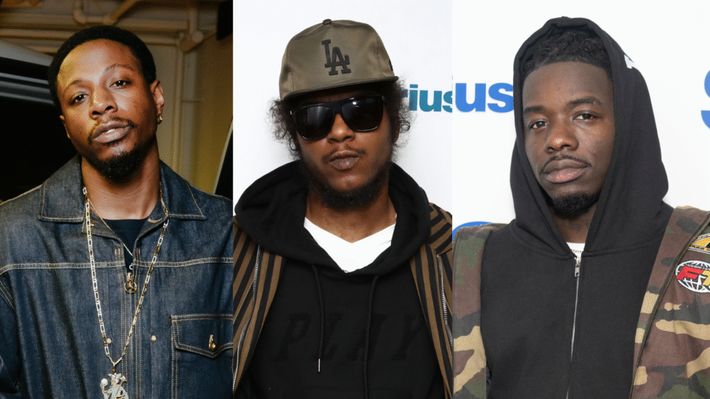 Three men are pictured, each wearing casual attire. The first wears a denim jacket, the second has sunglasses and a cap, and the third wears a hoodie.
