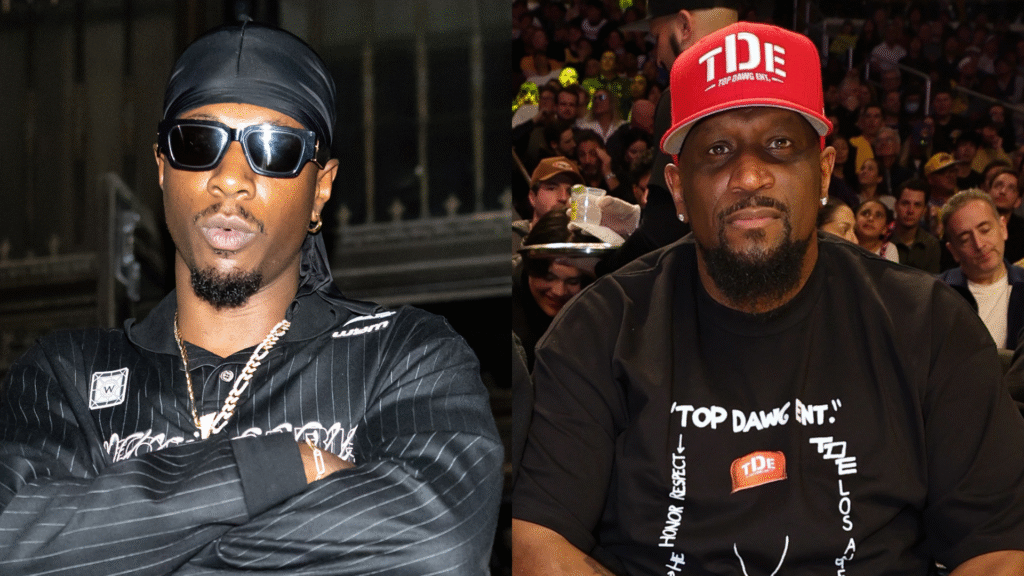 Two men are in separate images. The left one wears sunglasses and a black outfit. The right one wears a red TDE cap and a black T-shirt.