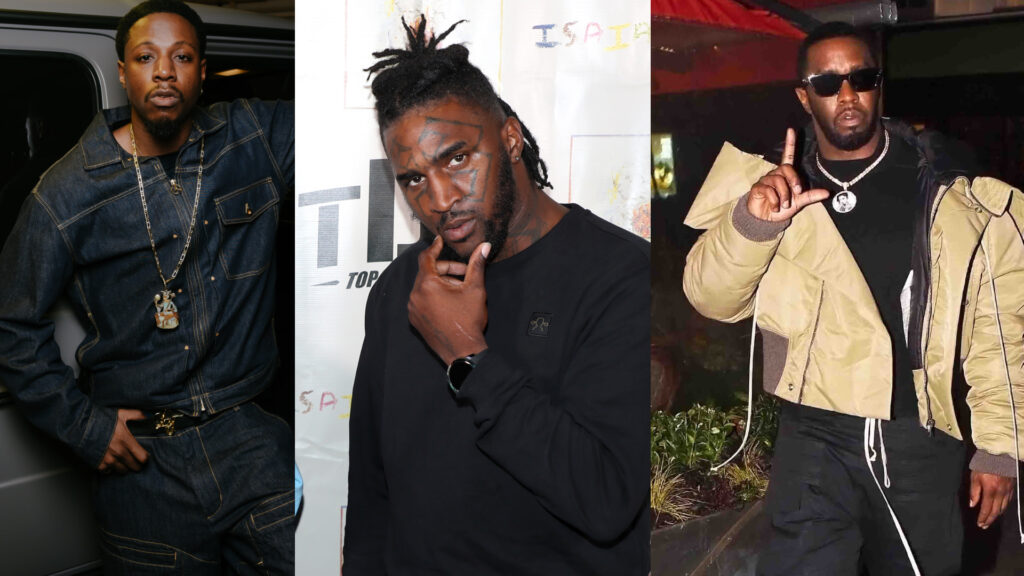 Joey Badass wears denim, Daylyt has a black top and dreadlocks, and Diddy wears a beige jacket and sunglasses.