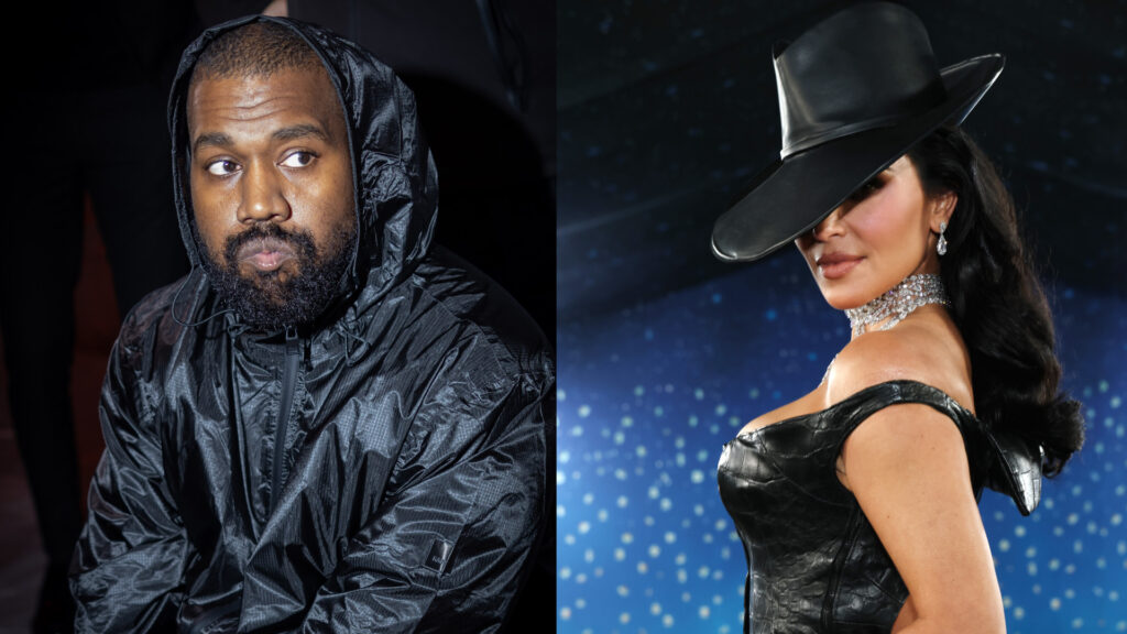 Kanye West in a black jacket and Kim Kardashian in a black outfit with a hat, posing in a starry backdrop.