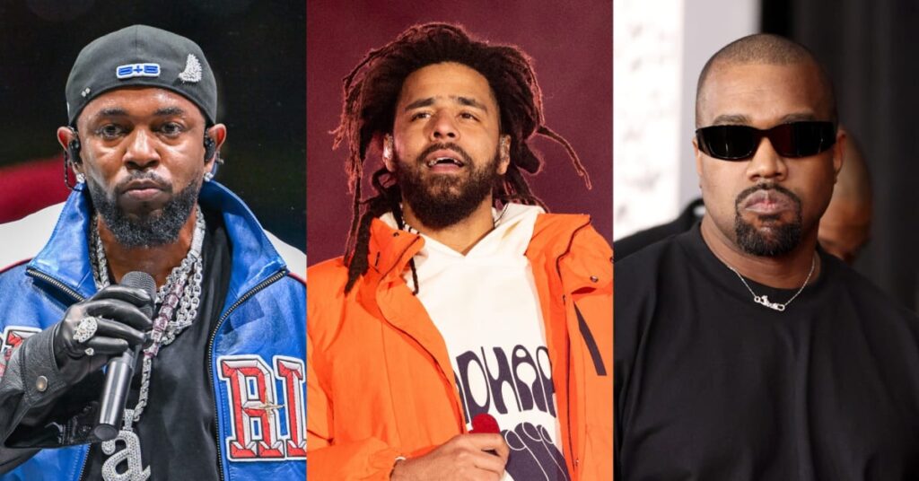 Split image of Kendrick Lamar, J. Cole, and Ye.