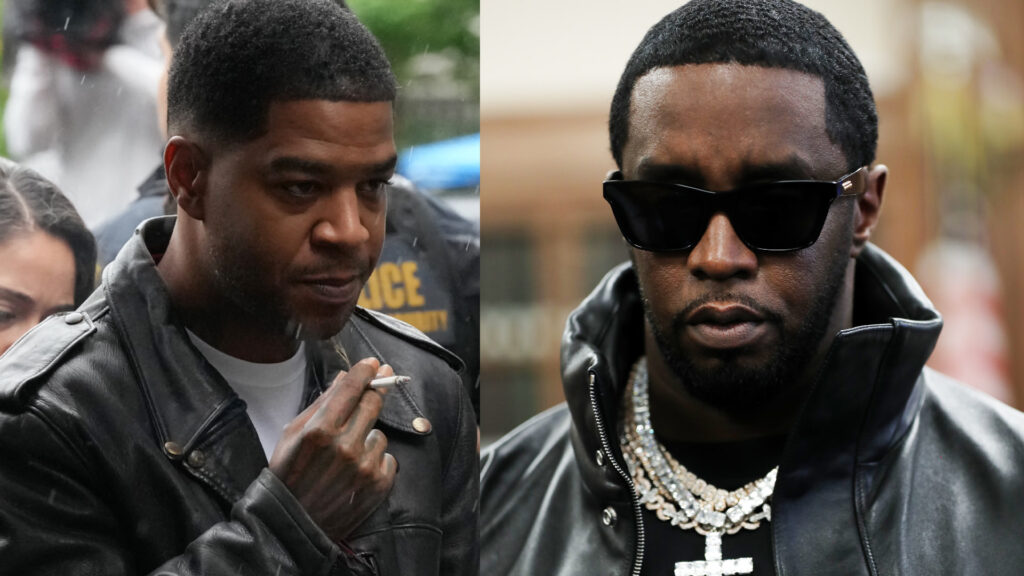Kid Cudi smoking in a leather jacket on the left, and Diddy wearing sunglasses and chains on the right.