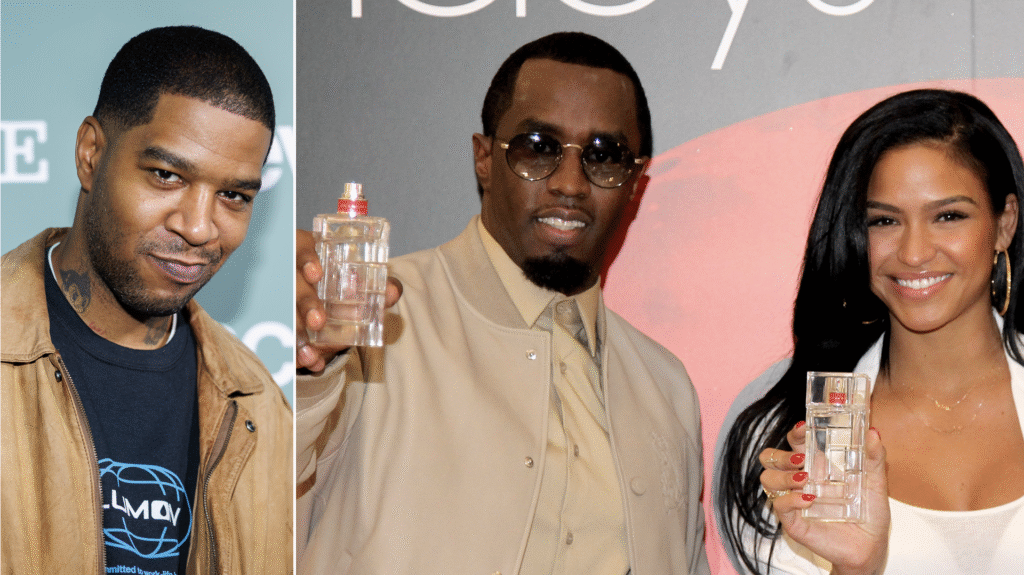 Kid Cudi smiling in a brown jacket; Diddy and Cassie holding bottles, posing together.