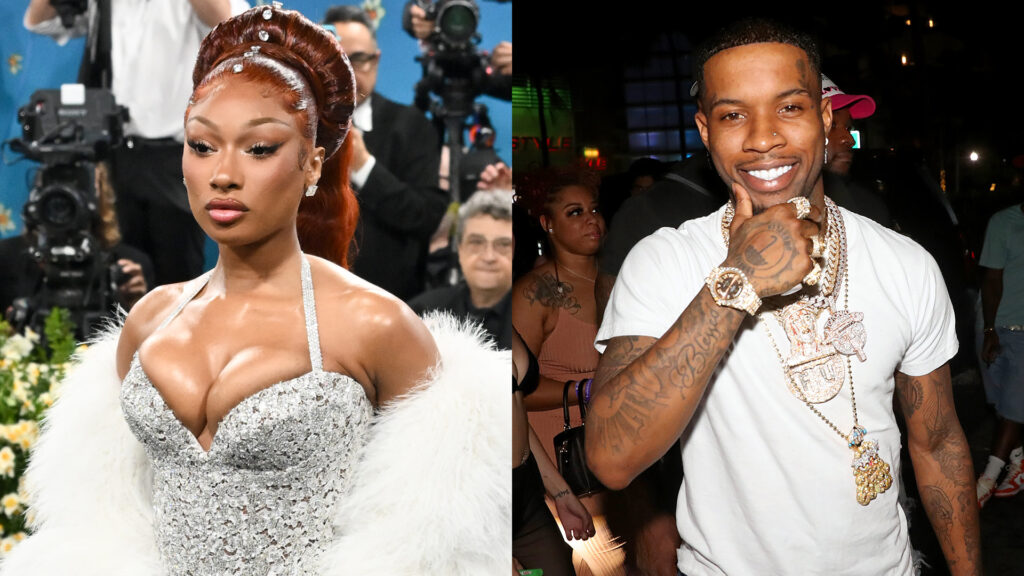 Megan Thee Stallion in a sparkling silver dress at an event; Tory Lanez smiling in a white t-shirt with jewelry.