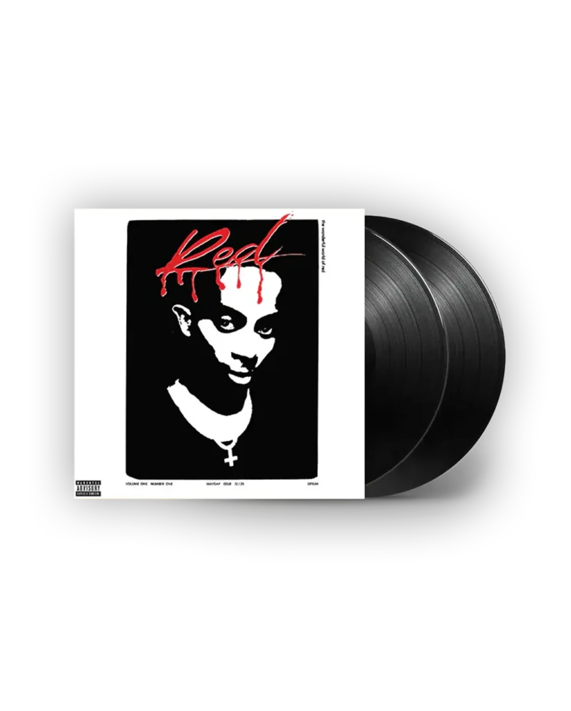 Playboi Carti album cover with a stylized black and white image of a person wearing a cross necklace, with "Red" in red text above. Two vinyl records are partially visible.