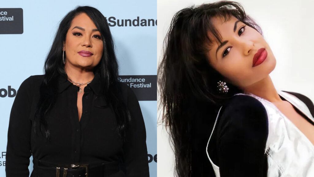 (L) Suzette Quintanilla at an event with a black outfit. (R) Selena, circa 1994, with red lipstick and earrings.