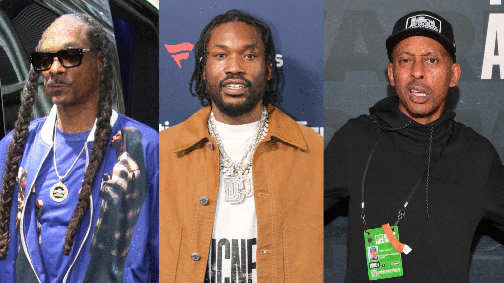 Snoop Dogg, Meek Mill, and another man are in separate images. Snoop wears sunglasses, Meek has a chain, and the third man is in a cap.