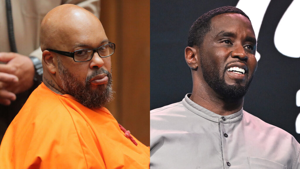 Suge Knight in an orange prison jumpsuit on the left, and Sean "Diddy" Combs smiling in a light shirt on the right.