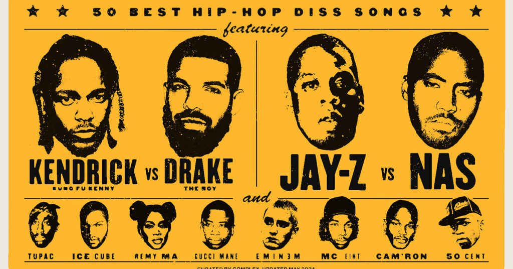 Graphic with faces of hip-hop artists for "50 Best Hip-Hop Diss Songs" list, including Kendrick, Drake, Jay-Z, Nas, and others; best diss songs of all time