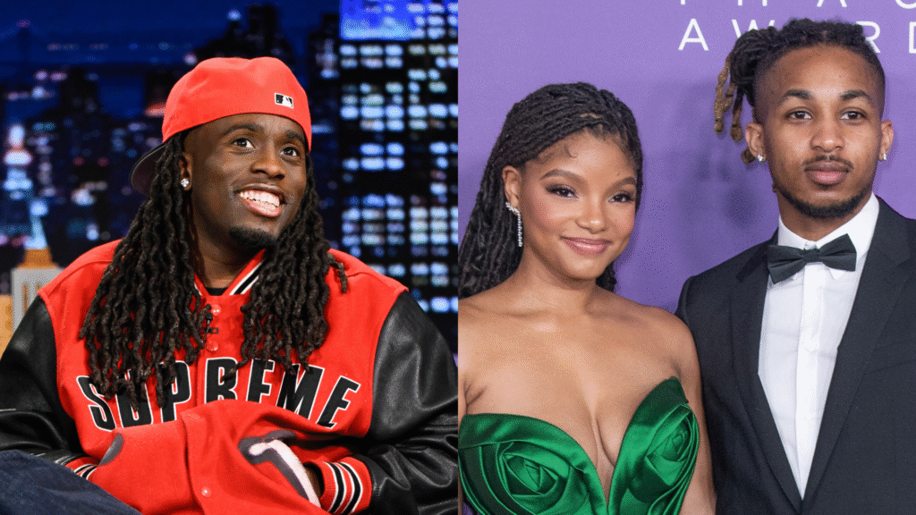 ‘There’s Two Sides to … Kai Cenat in a red Supreme jacket; Halle Bailey in a green dress with DDG in a suit at a purple carpet event.
