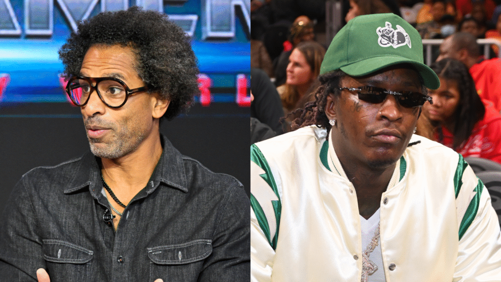 Split image of two men: the left man with curly hair and glasses, wearing a black shirt; the right man in a green cap and sunglasses.
