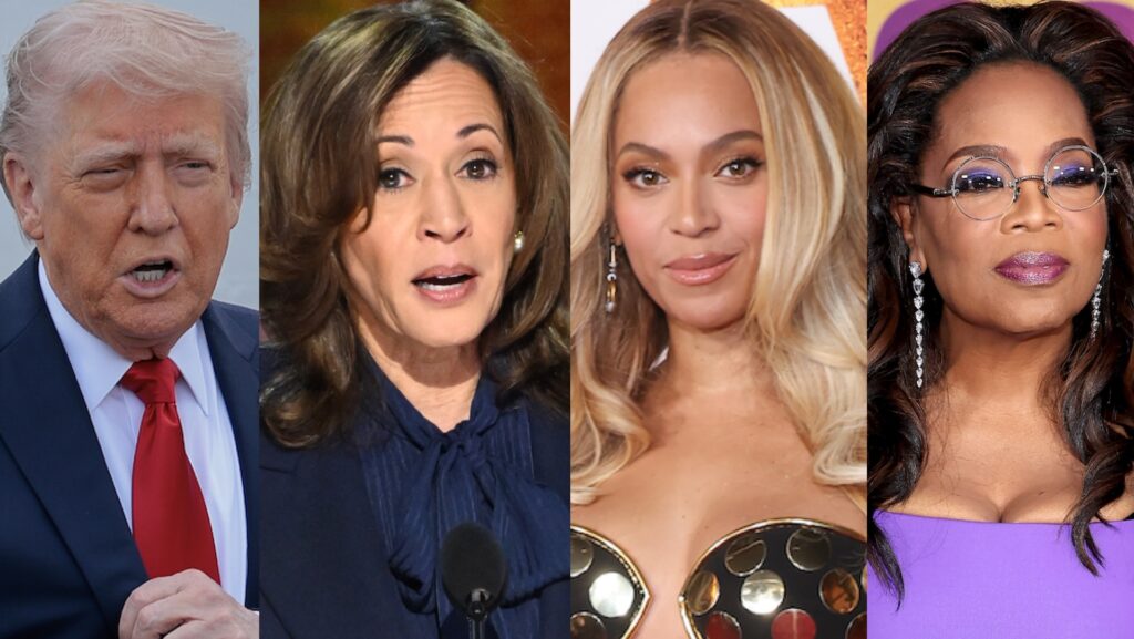 Donald Trump, Kamala Harris, Beyoncé, and Oprah Winfrey in a collage, each posing individually.