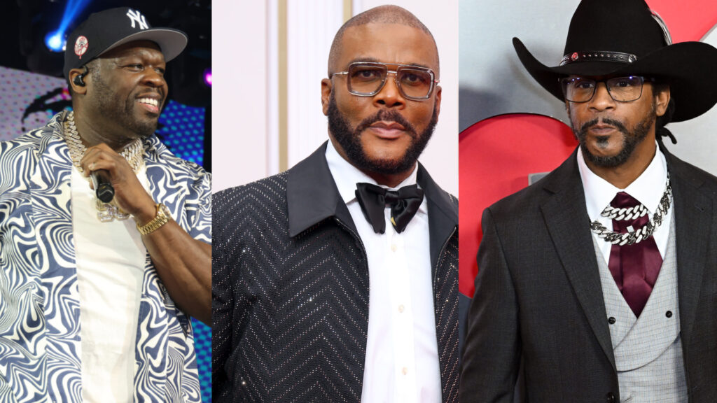 50 Cent performing in a cap, Tyler Perry in a suit with glasses, and Katt Williams in a cowboy hat and suit.